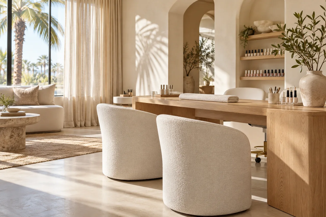 Illustrative coastal nail studio interior